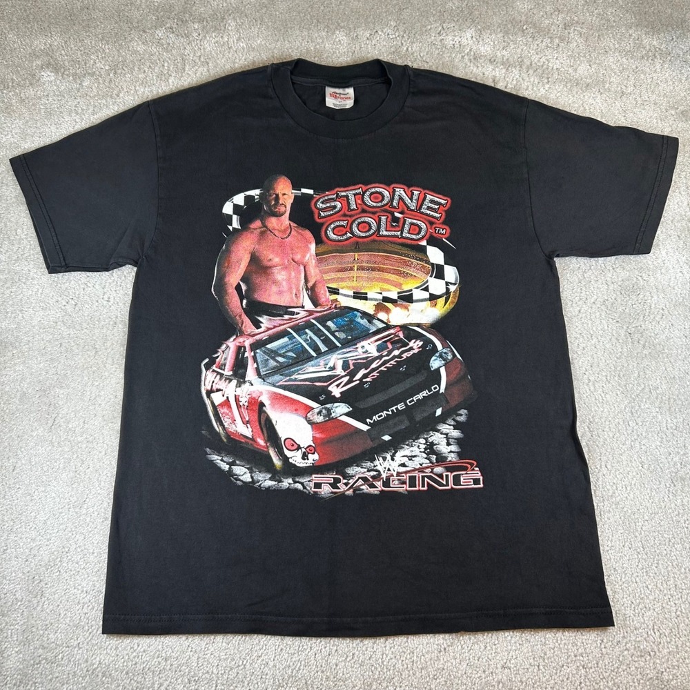 Vintage 90s Hanes Stedman Stone Cold WWE Racing T-Shirt Mens L Black Graphic Tee